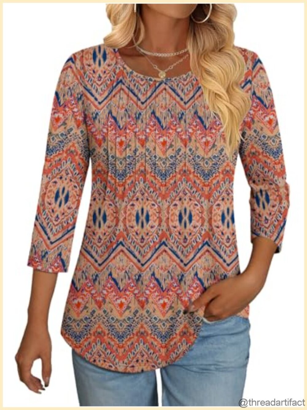 Women's Tunic Top 3/4 Sleeve Pleated Loose Fit Crew Neck